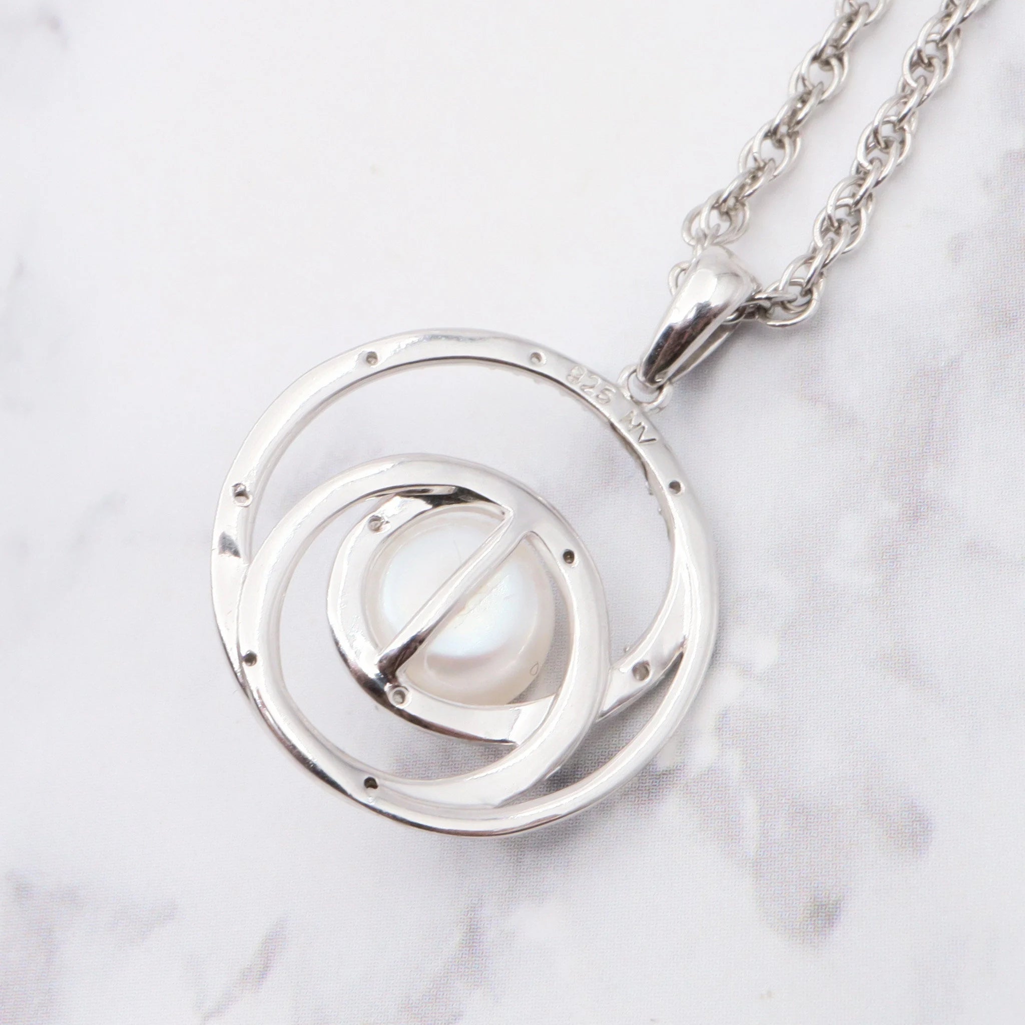 Vintage sterling pearl & diamond pendant on a sterling prince of whales chain, 20"